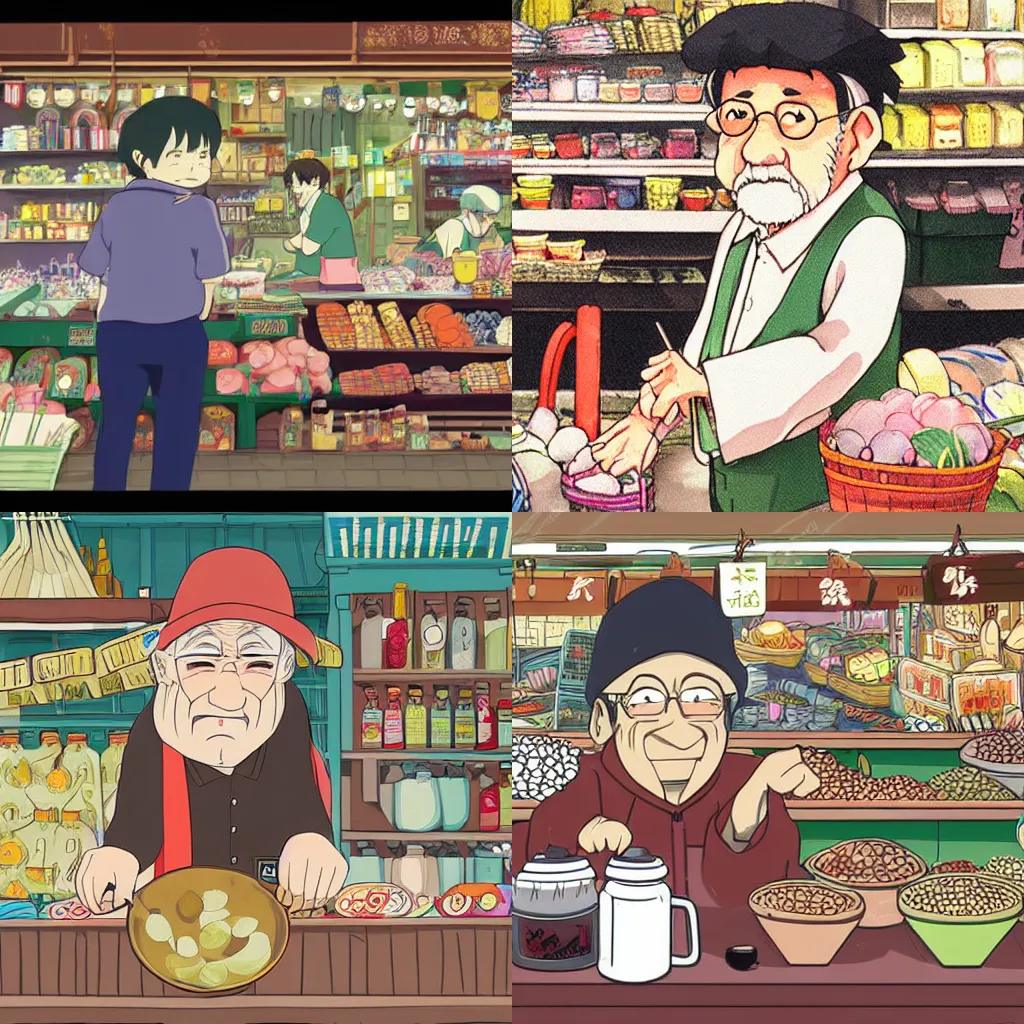Prompt: a grumpy elderly shopkeeper working in a busy market, anime illustration by studio ghibli