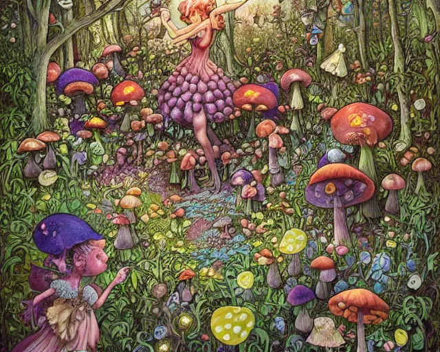 Prompt: a benevolent good fairy versus evil dark fairy fight amongst mushroom forest, whimsical, secret garden, flowers, mushroom forest by Daniel Merriam and Dan Mumford