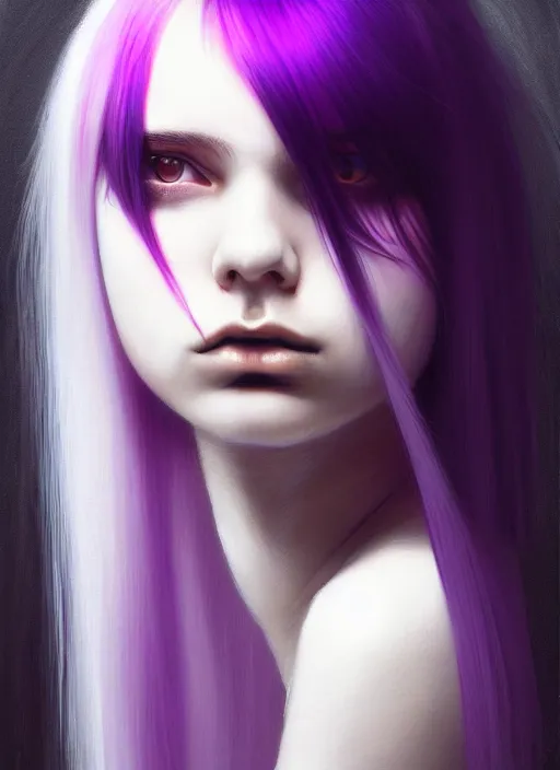 Image similar to hair whitebangs hair, black hair, blackbangswhitehair, portrait of teenage girl with white bangs, red irises, purple clothes, white bangs, bangs are different color from hair, intricate, elegant, glowing lights, highly detailed, digital painting, artstation, concept art, sharp focus, illustration, art by wlop, mars ravelo and greg rutkowski