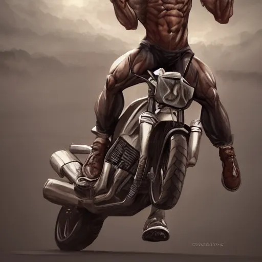 Prompt: muscular man riding jumping motorcycle through the air from demons, digital painting, muted colors, illustration, artgerm, artstation