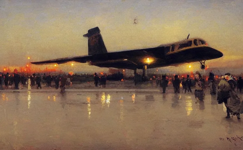 Prompt: high quality high detail painting by ilya repin, dawn, plane landing in the airport, hd