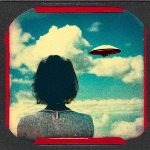 Image similar to vintage polaroid of a beautiful woman spotting a ufo in the sky, seen from behind, detailed clouds, warm azure tones, red color bleed, film grain