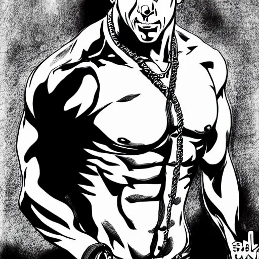 Image similar to Black and white drawing of Vin Diesel walking like a Italian model in JoJo style, highly detailed, sharp focus, anime, ArtStation, art by Hirohiko Araki