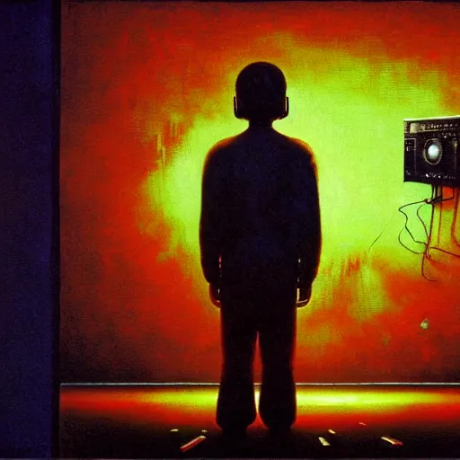 Prompt: 8k professional photo of an 8 years old enlightened and scared boy standing in front of an old computer from 90s with a game doom2 at the monitor screen in a vr vaporwave space, Beksinski impasto painting, part by Adrian Ghenie and Gerhard Richter. art by Takato Yamamoto, masterpiece. still from a movie by Gaspar Noe and James Cameron