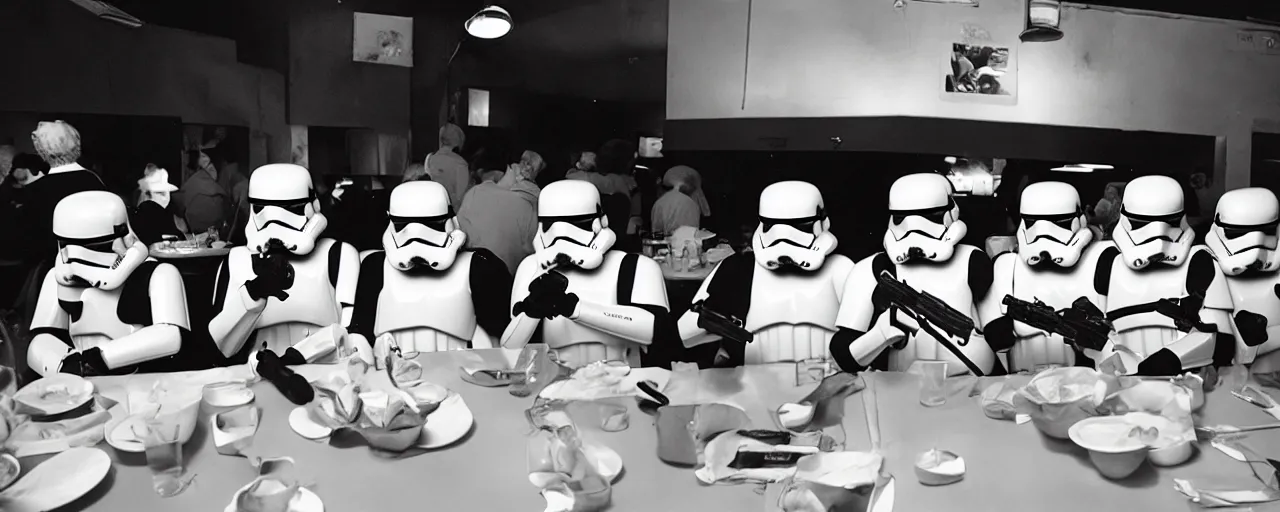 Image similar to Storm troopers out for dinner, the last supper, cinematic still frame, 80s, cinematography, anamorphic lens, kodak color film stock