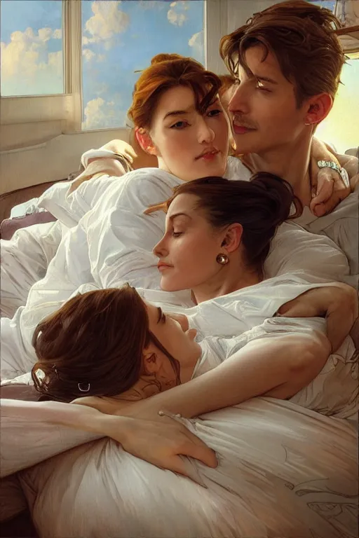 Image similar to portrait of a man in dhl uniform hugging his wife in a bed, feelings, romantic, fantasy, intricate, elegant, highly detailed, digital painting, artstation, concept art, smooth, sharp focus, illustration, art by artgerm and greg rutkowski and alphonse mucha