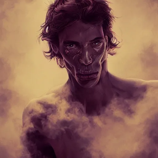 Image similar to Man being consumed by smoke, beautiful illustration, detailed, by Wylie Beckert, artgerm, top on artstation, realistic, 4k