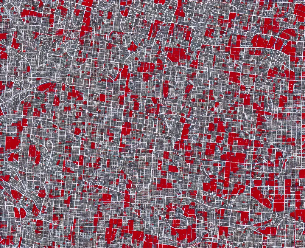 Prompt: multitude of red full-stops cover a Vector AntiqueWhite on DarkGrey Streets Satellite Map, vector graphics, 8k, mapbox