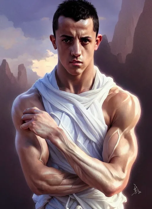 Image similar to portrait of aggressive lucas vazquez, d & d, muscular! white, fantasy, intricate, elegant, highly detailed, digital painting, artstation, concept art, smooth, sharp focus, illustration, art by artgerm and greg rutkowski and alphonse mucha