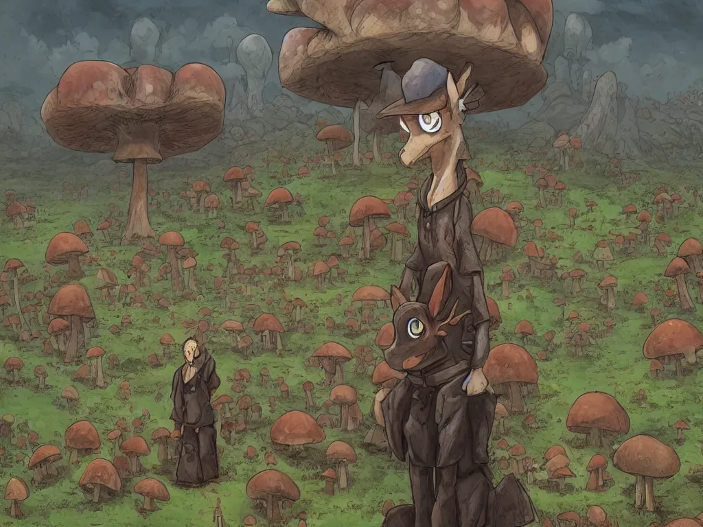 Image similar to A centered chest up portrait of an anthropomorphic mule, magic mushroom village in background, award winning. superb resolution. in the art style of junji Ito and greg rutkowski . Mule, Mule. Detailed Mushroom city in background. Hyper realistic anime. Perfect art. Dalle2