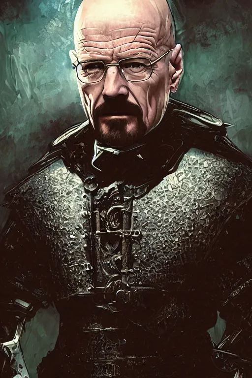 Image similar to Walter white, European beautiful luxury and evil and victorian and gothic medieval white armor knight portrait, front face, ultradetail face, ruined gothic cathedral, dynamic lighting, neon light, art and illustration by tian zi and craig mullins and WLOP and alphonse mucha, ssci-fi, fantasy, intricate complexity, human structure, hypermaximalist, fantasy character concept, dynamic lighting, shafts of golden light, f/1.2, hyperrealism 8k