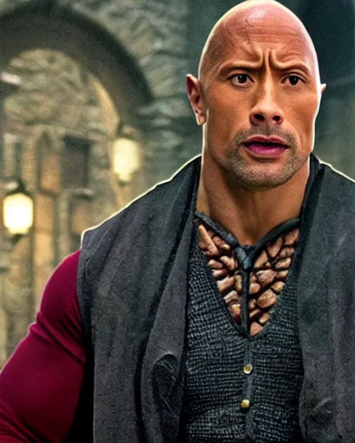 Prompt: film still close up shot of dwayne johnson as harry potter from the movie harry potter and the philosopher's stone. photographic, photography