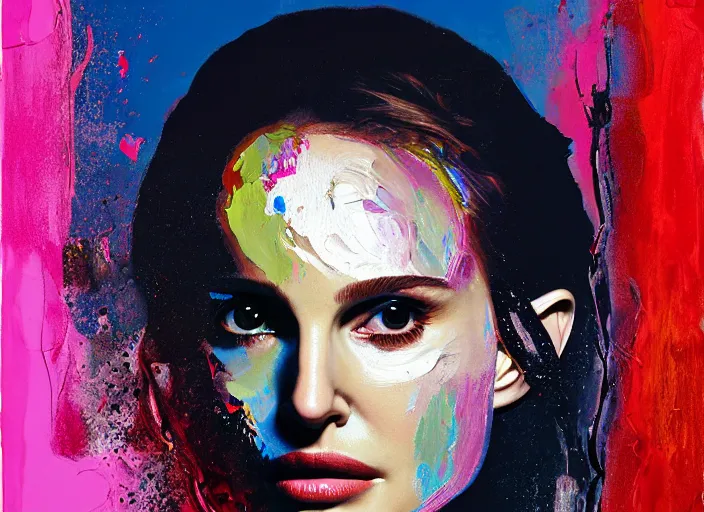Prompt: portrait of natalie portman, by vincent lefevre and hernan bas and pat steir and hilma af klint, psychological, photorealistic, dripping paint, washy brush, rendered in octane, altermodern, masterpiece