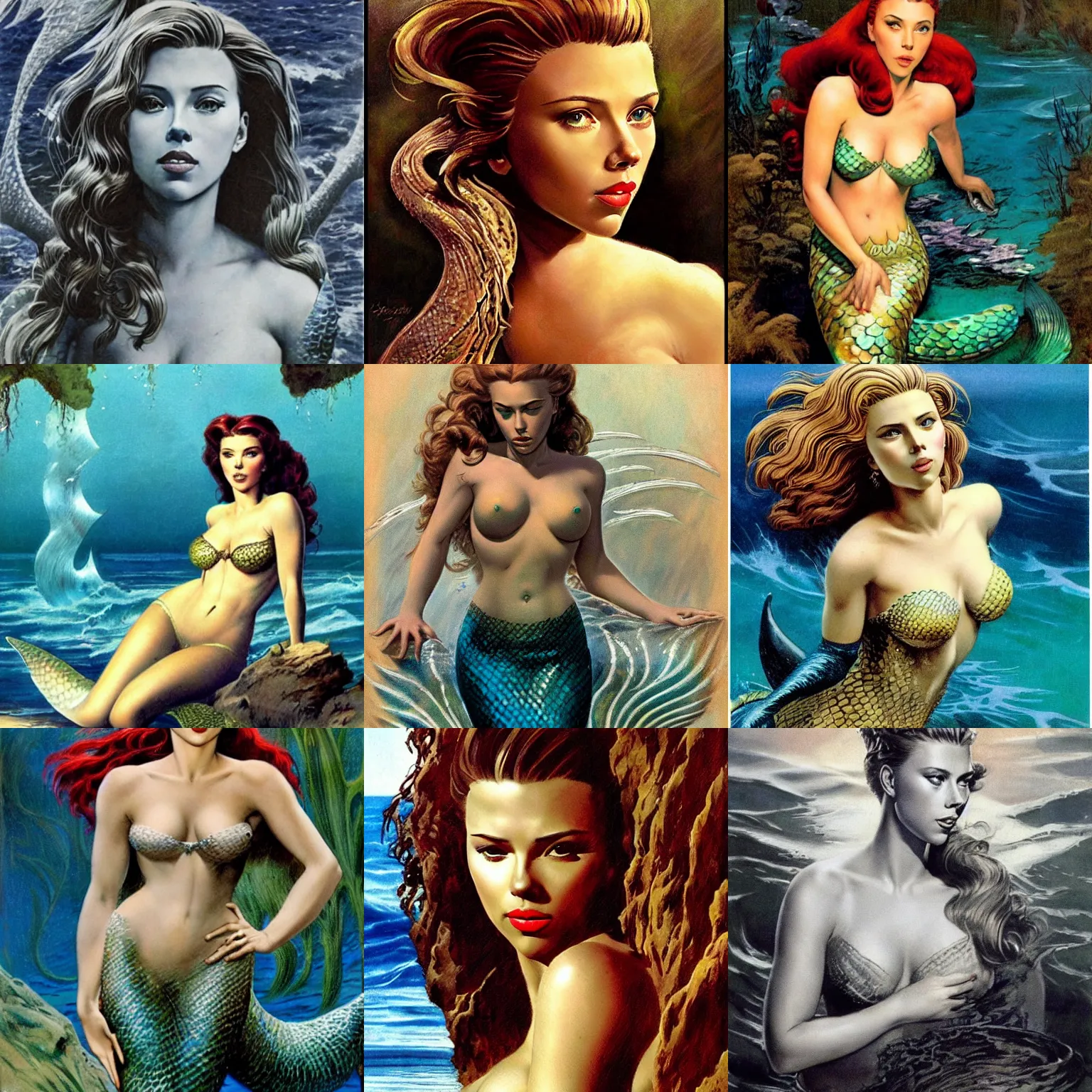 Prompt: frank frazetta portrait of scarlett johansson as a mermaid, realistic, photo real, smooth, sharp, intricate detail