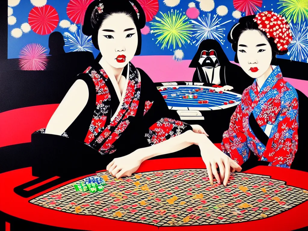 Image similar to hyperrealistic composition of the detailed woman in a japanese kimono sitting at a poker table with detailed darth vader, fireworks, mount fuji on the background, pop - art style, jacky tsai style, andy warhol style, acrylic on canvas