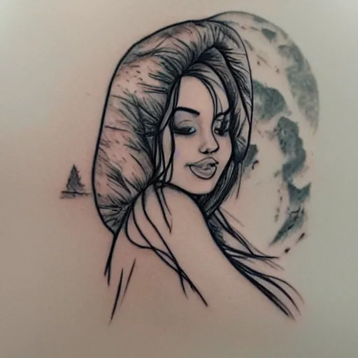 Image similar to tattoo design sketch of a beautiful girl and beautiful mountain scenery, hyper realistic