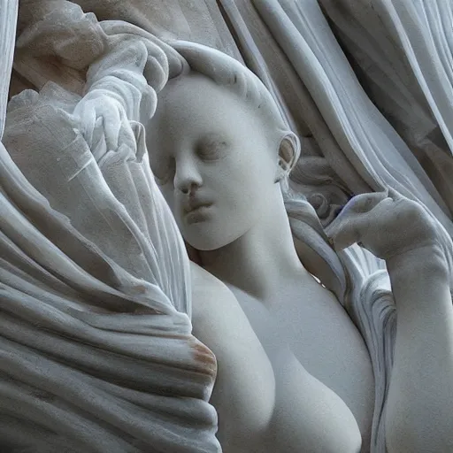 Image similar to “a delicate renaissance marble sculpture covered with water veil, highly detailed transparent marble cloth, gi, global illumination, physically based rendering, photorealistic, top light, dark background ”