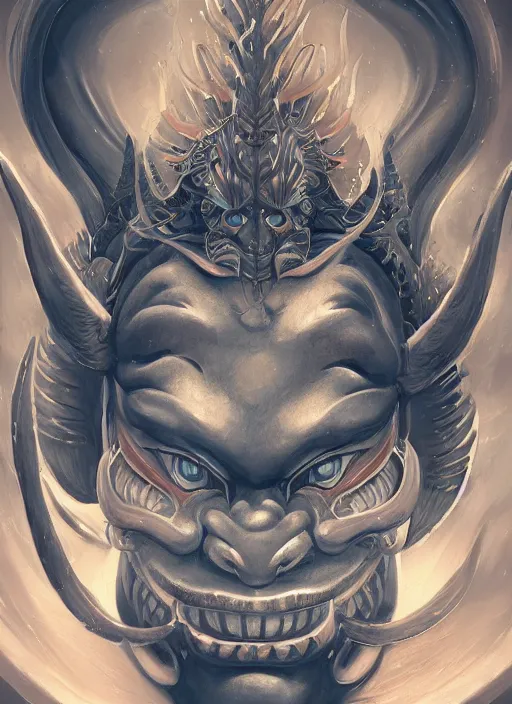 Image similar to a beautiful detailed oil on copper art illustration of a oni hannya mask shogun dragon woman, centered, by charlie bowater, zeng fanzh, trending on artstation, dim dusk lighting, cinematic lighting, detailed lighting, volumetric lighting, realistic, f 8, 4 k hd wallpaper