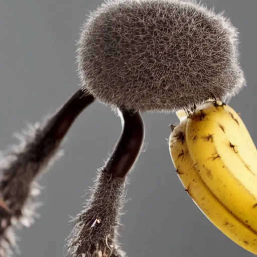 Image similar to macro shot of a dust mite eating a banana, microscope, tilt shift, realistic, photography, scientific