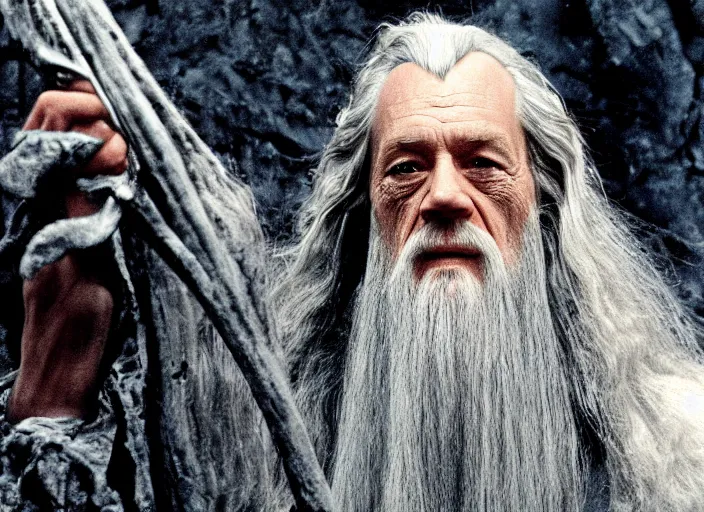 Image similar to gandalf played by lance henriksen stood outside orthanc, style of h. r. giger, directed by david fincher,