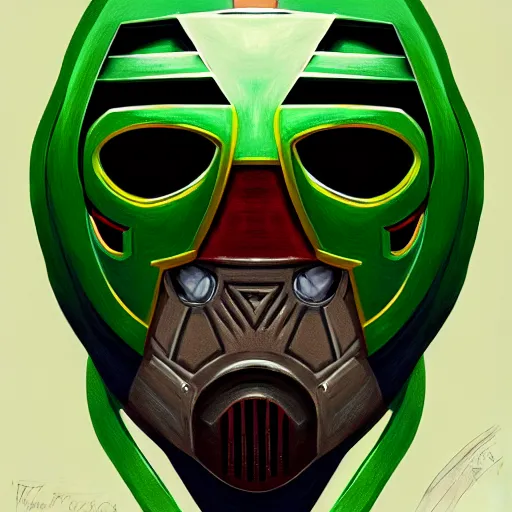 Image similar to portrait of mf doom, steel mask, green hood, intricate, elegant, highly detailed, digital painting, artstation, concept art, smooth, sharp focus, illustration, by anato finnstark, boissb - blanca. j, cindy avelino, clint cearley, anna podedworna