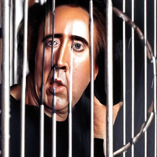 Prompt: Nicolas Cage trapped in a cage, photograph