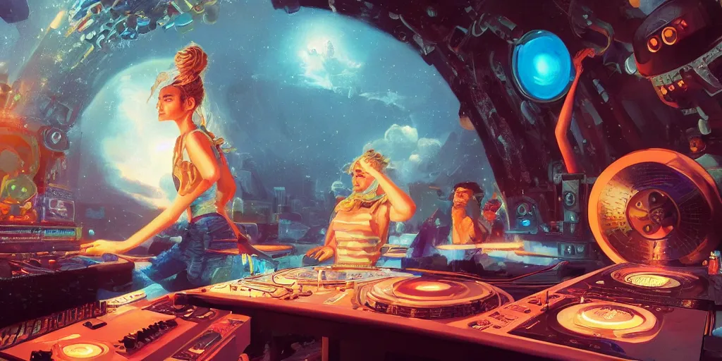 Prompt: the year 3 0 0 0 on a festival with penelope cruz as a dj, extremely detailed oil painting, unreal 5 render, rhads, bruce pennington, studio ghibli, tim hildebrandt, digital art, octane render, beautiful composition, trending on artstation, award - winning photograph, masterpiece