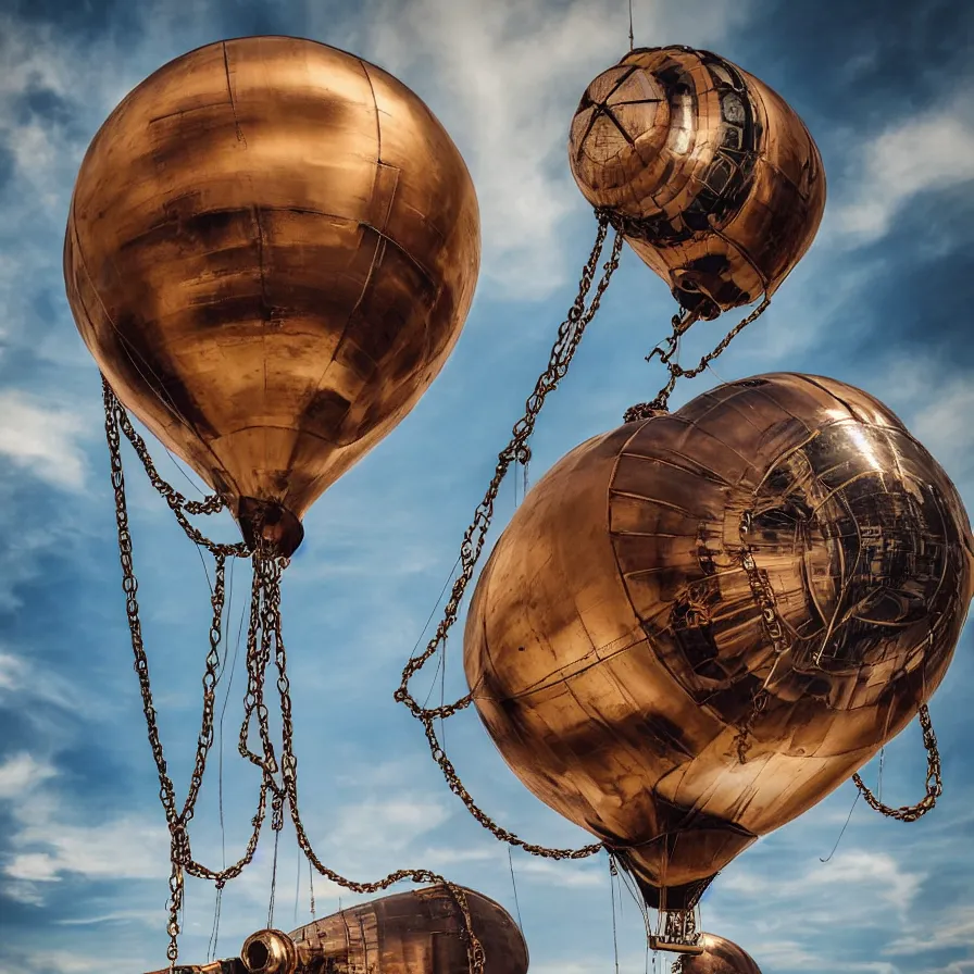 Image similar to beautiful steampunk blimps high in the sky, copper chains hanging from the edges, golden hour, steam clouds, clouds, valves, award winning photography, highly detailed, low poly, extremely wide angle