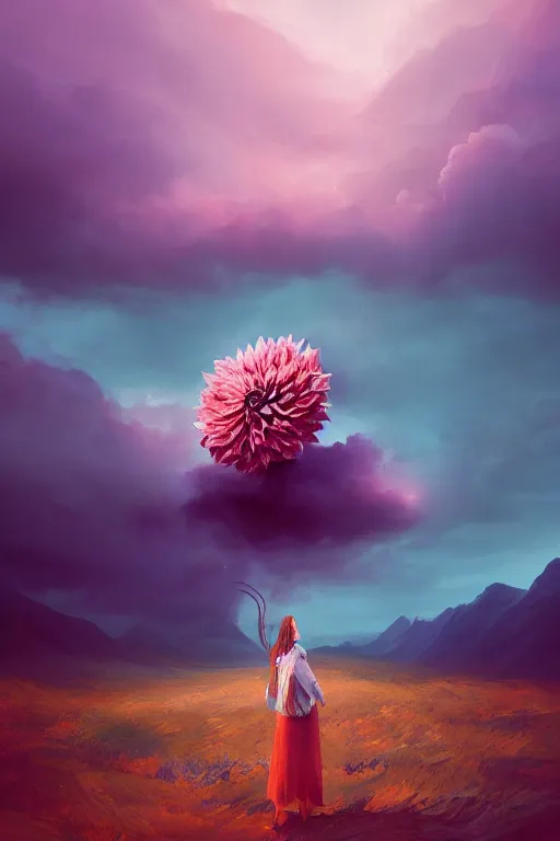 Image similar to closeup giant dahlia flower over the head, girl standing on mountain, surreal photography, blue storm clouds, dramatic light, impressionist painting, digital painting, artstation, simon stalenhag