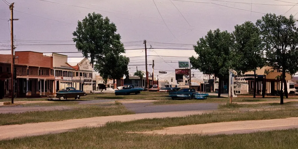 Prompt: Photography of Kansas little town made by Eggleston in 1976
