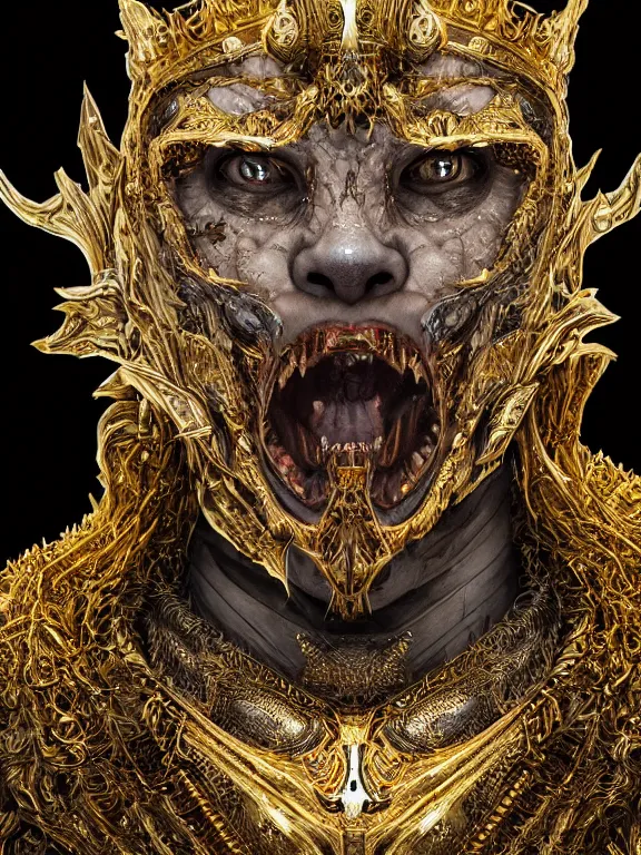 Image similar to portrait art of 8k ultra realistic werewolf,intricate gold crown, detailed intricate ornate armour,decaying, cybernetic, full of colour, cinematic lighting, battered, trending on artstation, 4k, hyperrealistic, focused, extreme details,unreal engine 5, cinematic, masterpiece, art by ayami kojima, giger