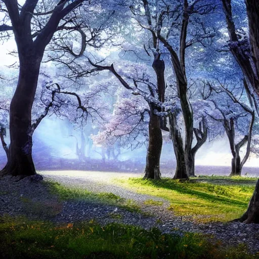 Image similar to a fantasy landscape with white beautiful trees