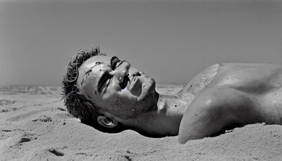 Image similar to 1 9 6 0 s movie still close up of marcus atilius regulus eyelids riped off bloody eyes looking directly at the sun his body buried in the sand, cinestill 8 0 0 t 3 5 mm b & w, high quality, heavy grain, high detail, texture, dramatic light, anamorphic, hyperrealistic, detailed hair