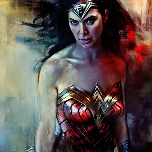 Prompt: wonder woman, realistic, ultrahd, jeremy mann painting