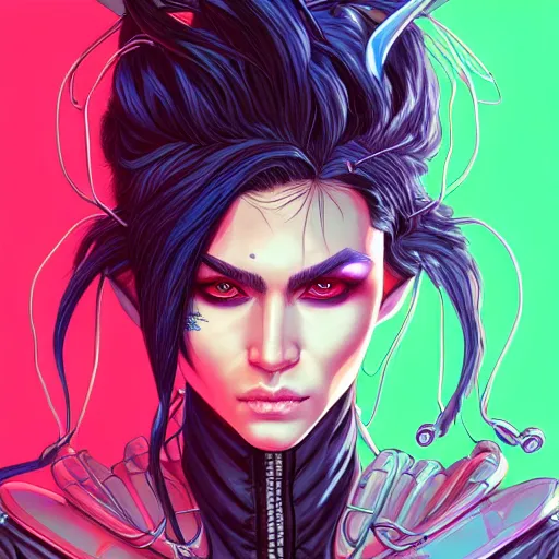 Image similar to portrait painting of a cyberpunk androgynous elf with beautiful flowing black hair and eyes, sharp focus, award - winning, trending on artstation, masterpiece, highly detailed, intricate. art by josan gonzales and moebius and deathburger