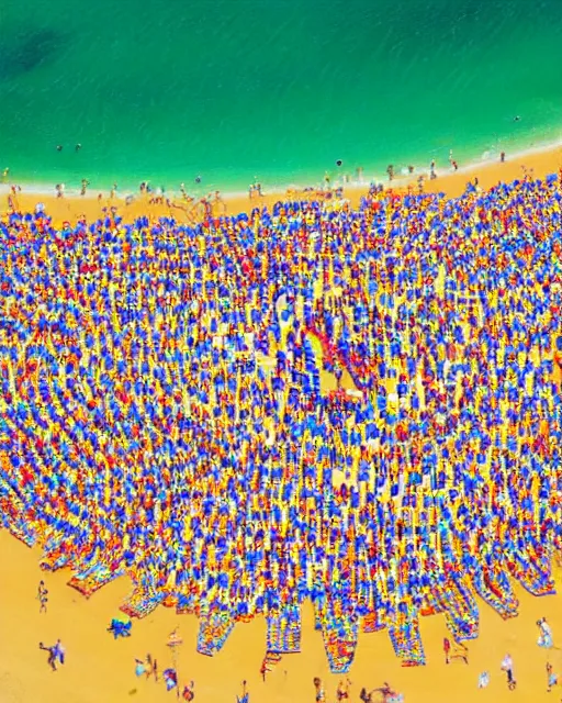 Prompt: thousands of sunbathers lie on a beach, together forming a gigantic design like an alien crop circle, photorealistic, ufos, crop circles