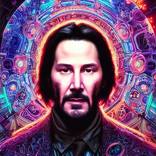 Image similar to portrait of keanu reeves, hyper detailed masterpiece, neon floral pattern, jean giraud, digital art painting, darkwave goth aesthetic, psychedelic, artgerm, donato giancola and tom bagshaw