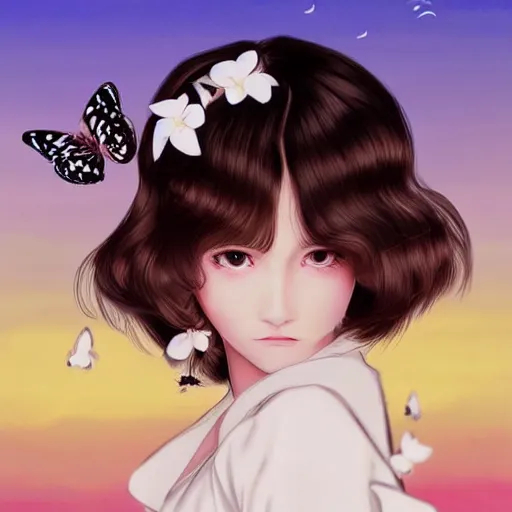 Prompt: little brunette girl with butterfly in hair wearing an white dress. art by ilya kuvshinov, profile picture, inspired in hirohiko araki, highly detailed, 8 0 s anime art style, vogue cover