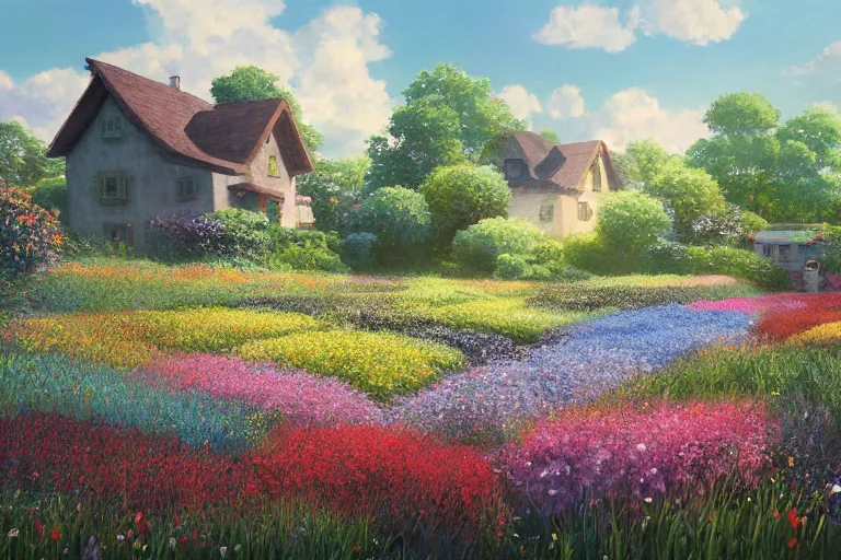 Prompt: a painting of a house in a field of flowers, a matte painting by studio ghibli, cgsociety, magical realism, matte painting, unreal engine 5