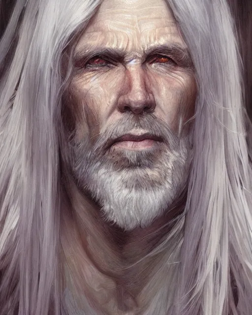 Image similar to portrait of 4 0 - year - old man with long white hair with a pale complexion, pointed face and grey eyes, hyper realistic face, beautiful eyes, fantasy art, in the style of greg rutkowski, intricate, alphonse mucha, hyper detailed, smooth