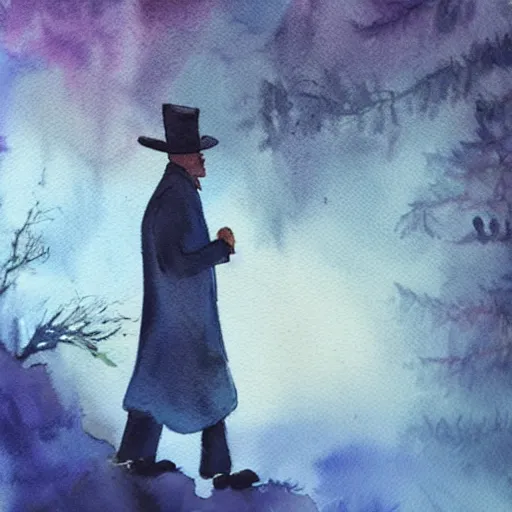 Prompt: “watercolor painting of a mysterious man in a pointy hat walking through the forest and singing, 8k, ethereal lighting”