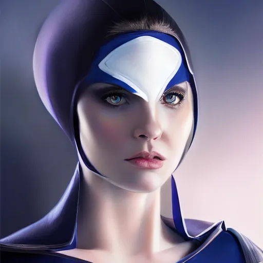 Prompt: a beautiful cartoon still portrait of a young woman superhero wearing a tight navy blue lycra suit with a white cape white cowl white shoulders, 4 k oil on linen by wlop, artgerm, andrei riabovitchev, nuri iyem, james gurney, james jean, greg rutkowski, highly detailed, soft lighting 8 k resolution