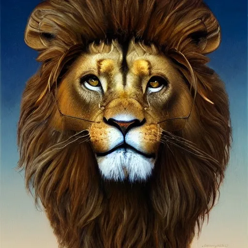 Prompt: a realistic oil painting portrait of a winged lion with an eagle head, highly detailed, trending on artstation, by james gurney and michael whelan