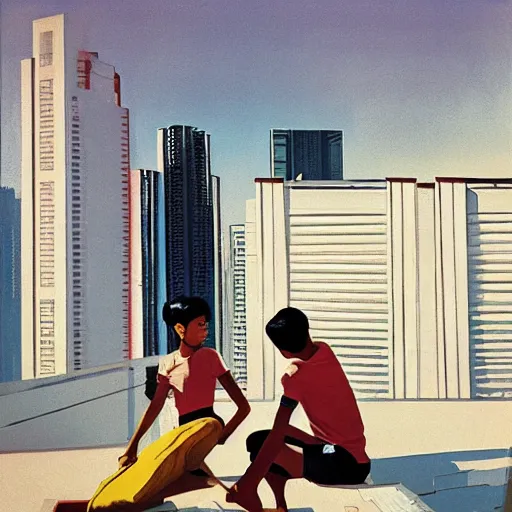 Image similar to art of two singapore students on the roof of a hdb flat, by syd mead