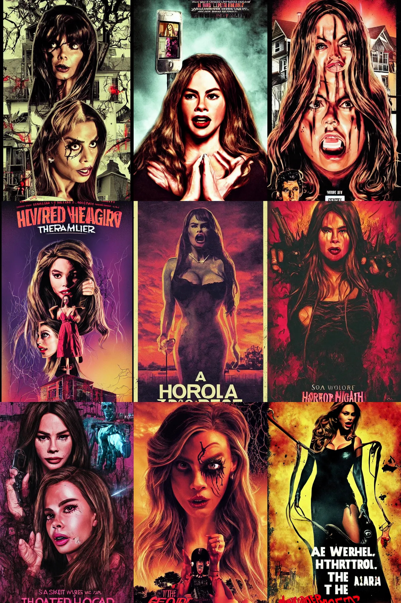 Prompt: a horror movie poster, staring Sofía Vergara terrified as the heroine, the haunted, neighborhood themed, retro, synthwave, cyberwave, by Sam Werczler and Matthew Skiff