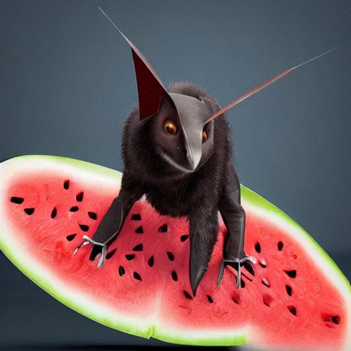 Image similar to very cute realistic fruit bat eats a triangle watermelon piece, digital art, high quality, illustration, art, detailed, 3 d render, unreal engine, clear colours, radiant light, sticker,