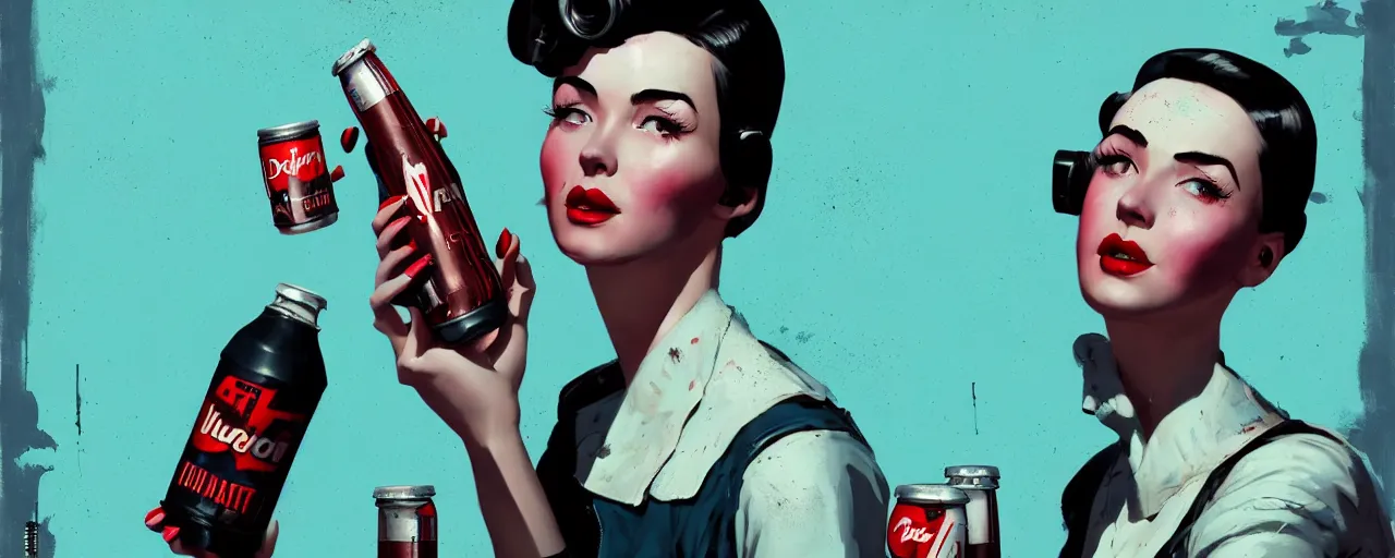 Image similar to duotone noir concept illustration 3 / 4 portrait of female vintage model from fallout 4 advertising nuka cola. accidental renaissance. by sachin teng and sergey kolesov and ruan jia and heng z. graffiti art, scifi, fantasy, hyper detailed. octane render. concept art. trending on artstation