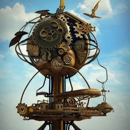 Image similar to flying city in a steel flower, sky, steampunk!!!, fantasy art, steampunk, masterpiece, octane