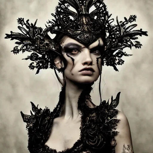 Image similar to a portrait of female model by stefan geselle and nekro borja, photorealistic, intricate details, hyper realistic, dark fantasy, ornate headpiece, dark beauty, photorealistic, canon r 3, photography, wide shot, photography, dark beauty, symmetrical features, wide angle shot, whole body, full body shot, 3 / 4 shot