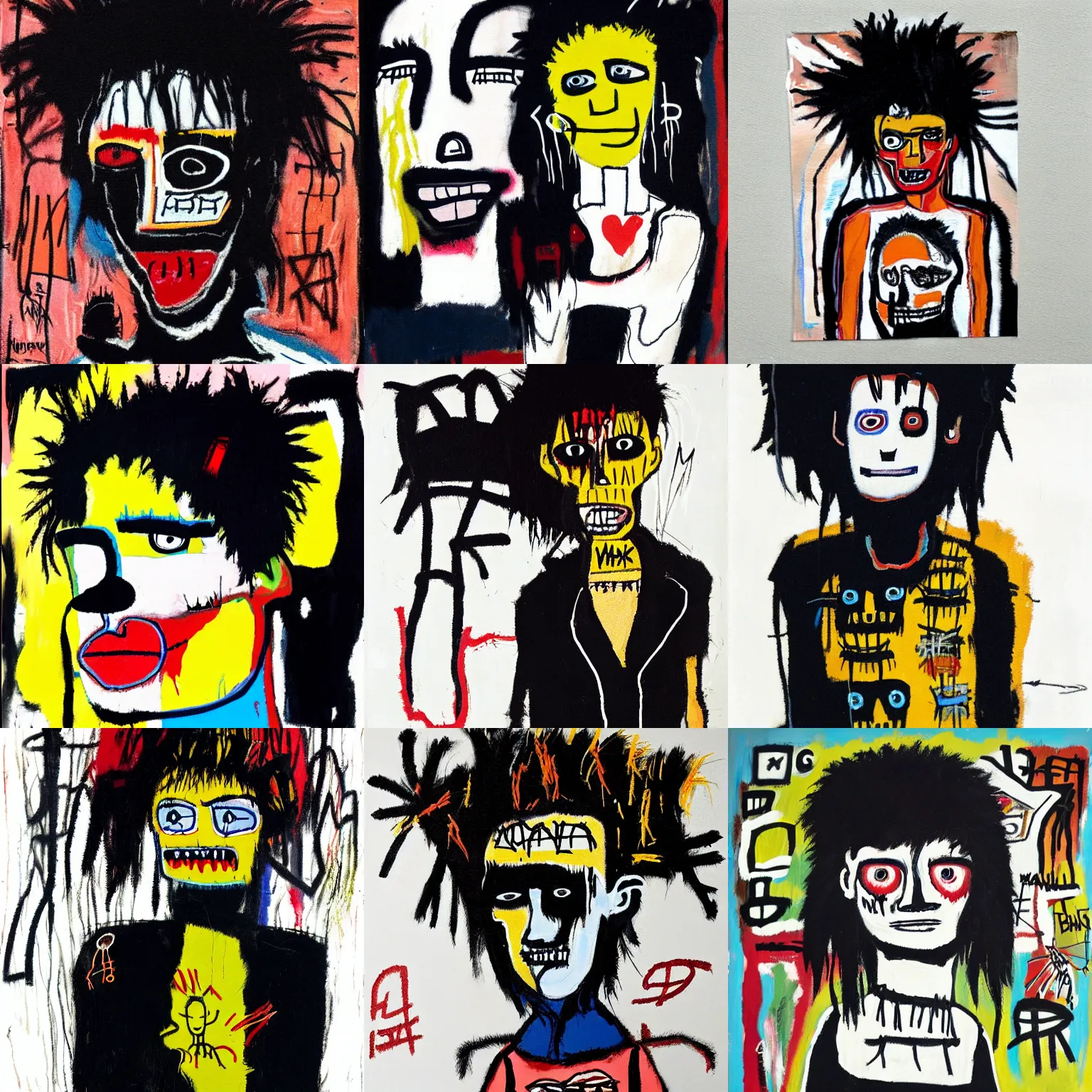Prompt: an emo painted by jean - michel basquiat. her hair is dark brown and cut into a short, messy pixie cut. she has large entirely - black evil eyes. she is wearing a black tank top, a black leather jacket, a black knee - length skirt, a black choker, and black leather boots.